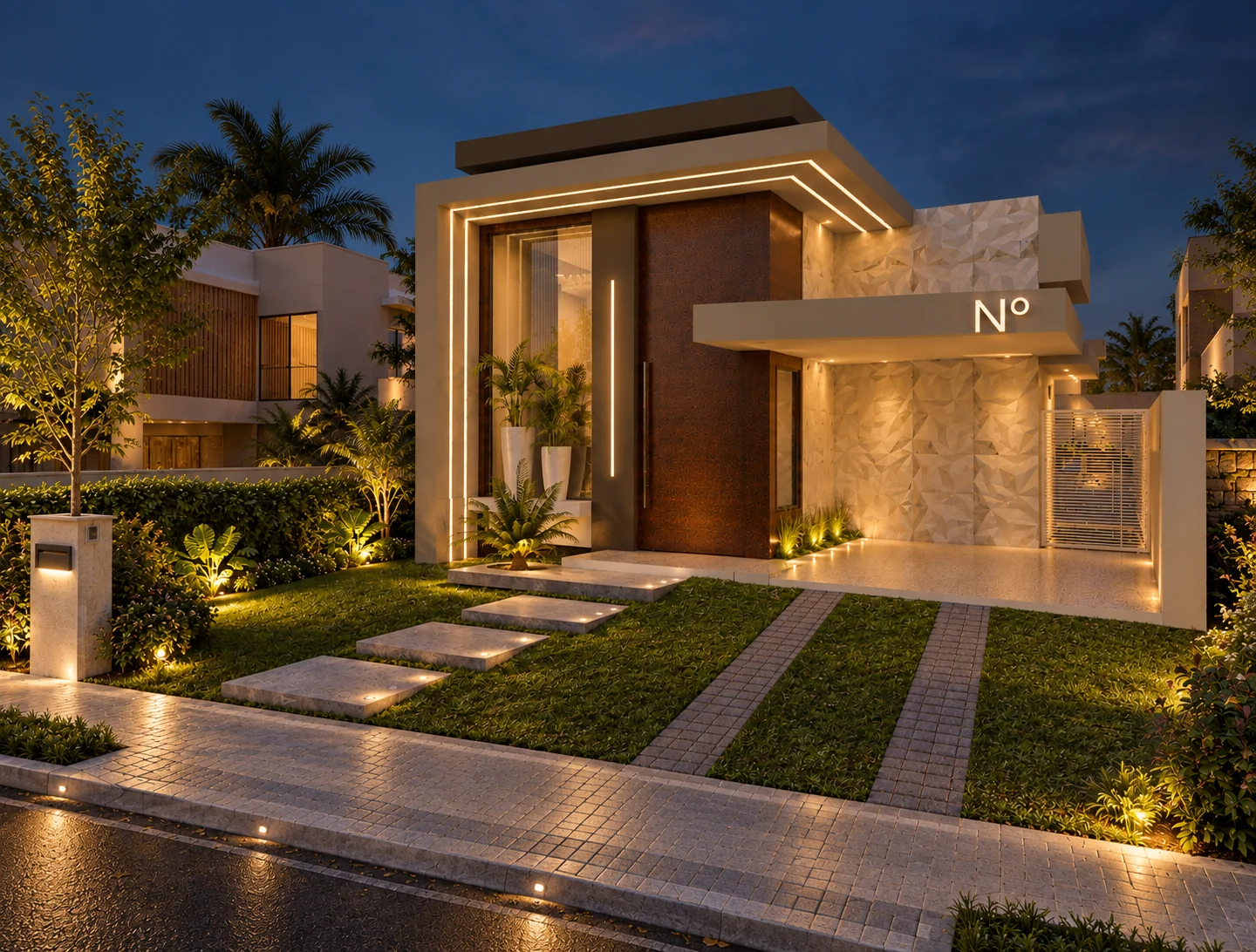 Residencial 04 — Fachada noturna, visualização 3D